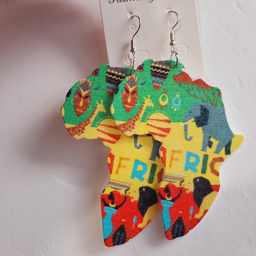 African Map Animal Wood Painted Tribal Earrings. Length 3.0 inches - Picture 8 of 12